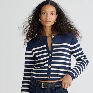 J.CREW NAVY IVORY STRIPED EMILIE PATCH POCKET SWEATER LADY JACKET Size small